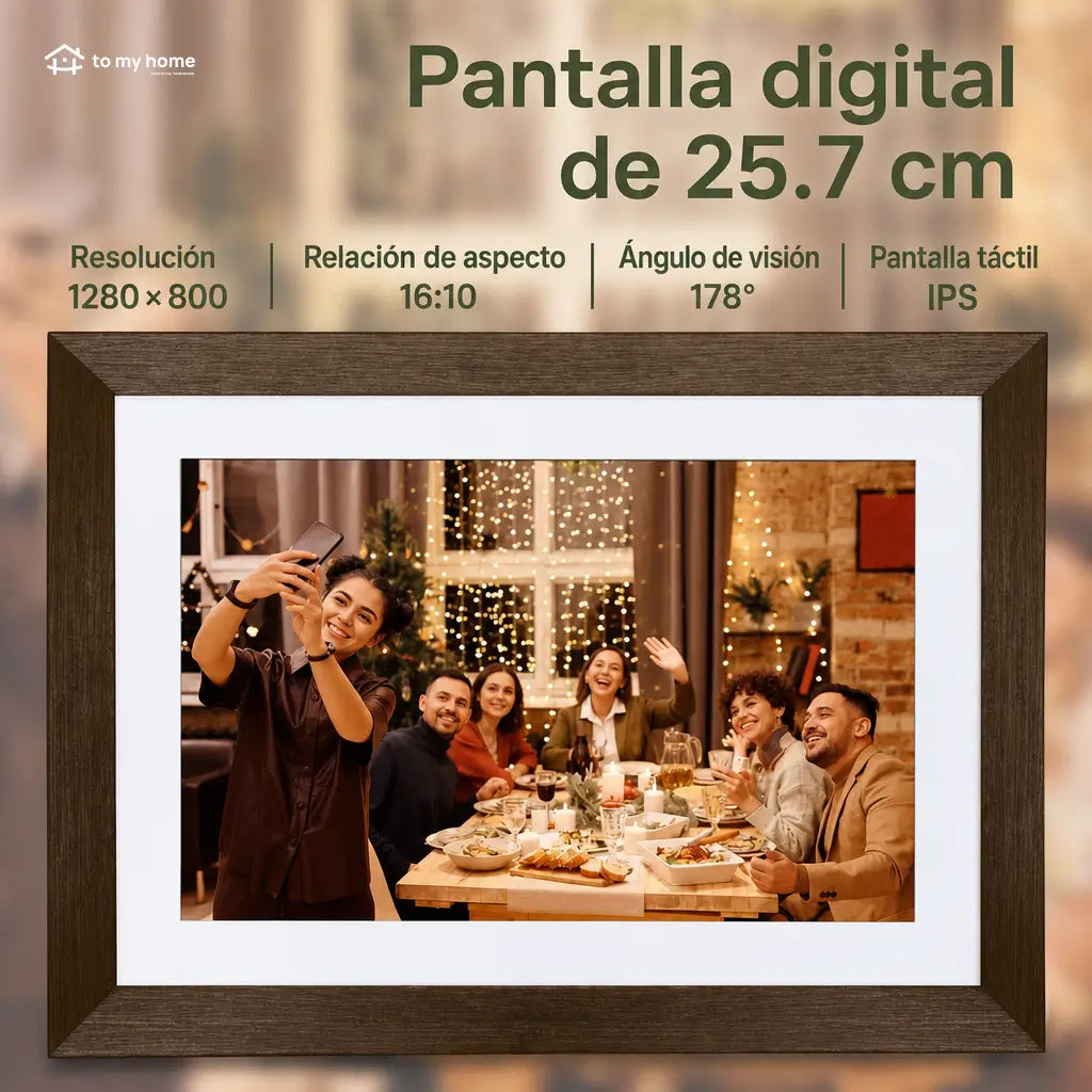 Marco digital para fotos de 10.1" con diseño decorativo de madera, memoria 32GB e instalación sencilla para casa u oficina moderna