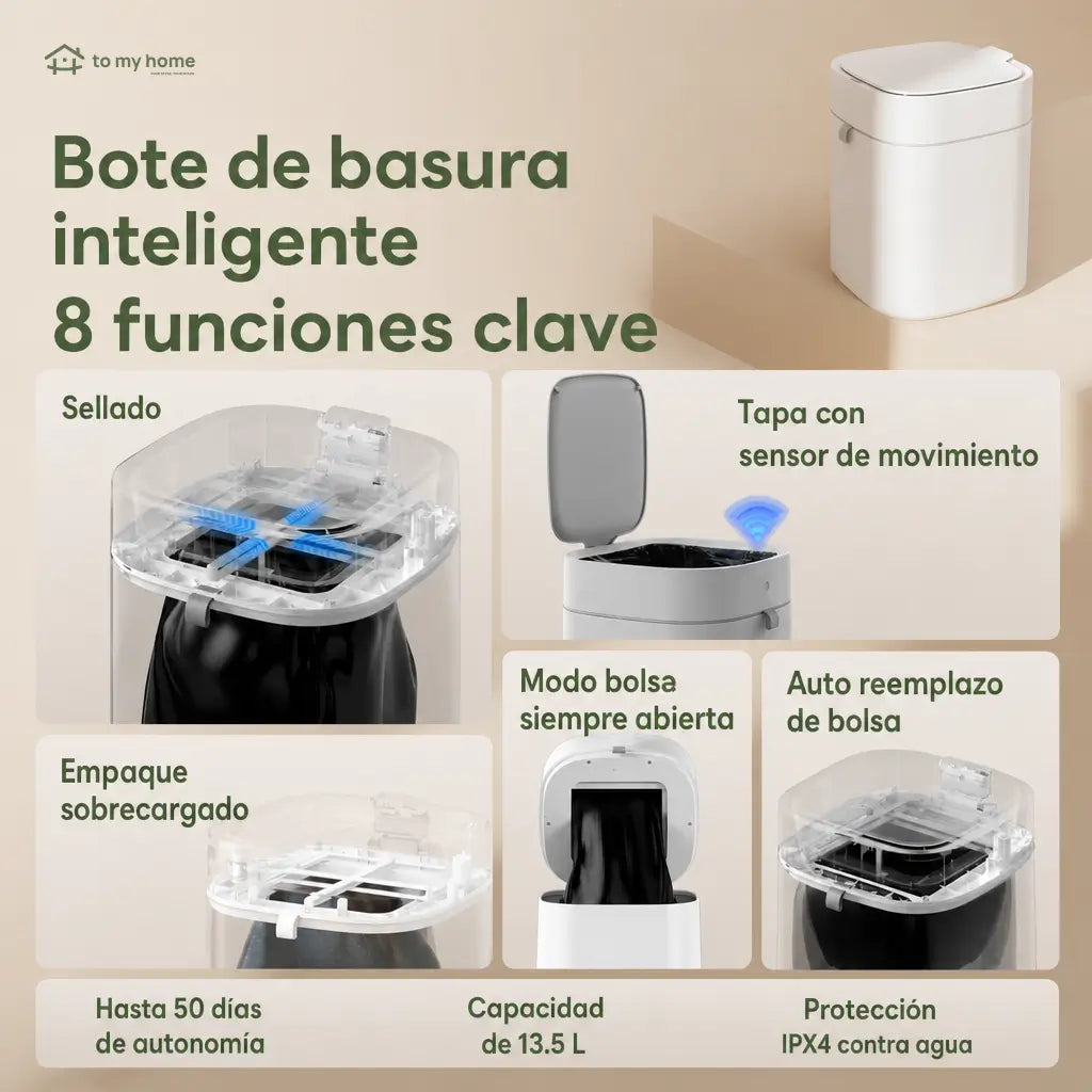 Bote de basura inteligente 13.5 L con sensor infrarrojo y sellado automático para baño, cocina, recámara u oficina sin tocar la tapa
