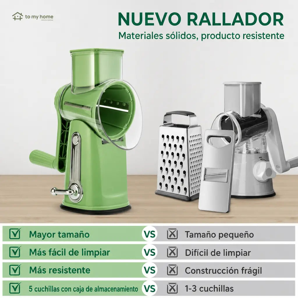 Rallador rotativo de queso con 5 cuchillas intercambiables y base de succión para verduras, frutas y cocina diaria segura en casa