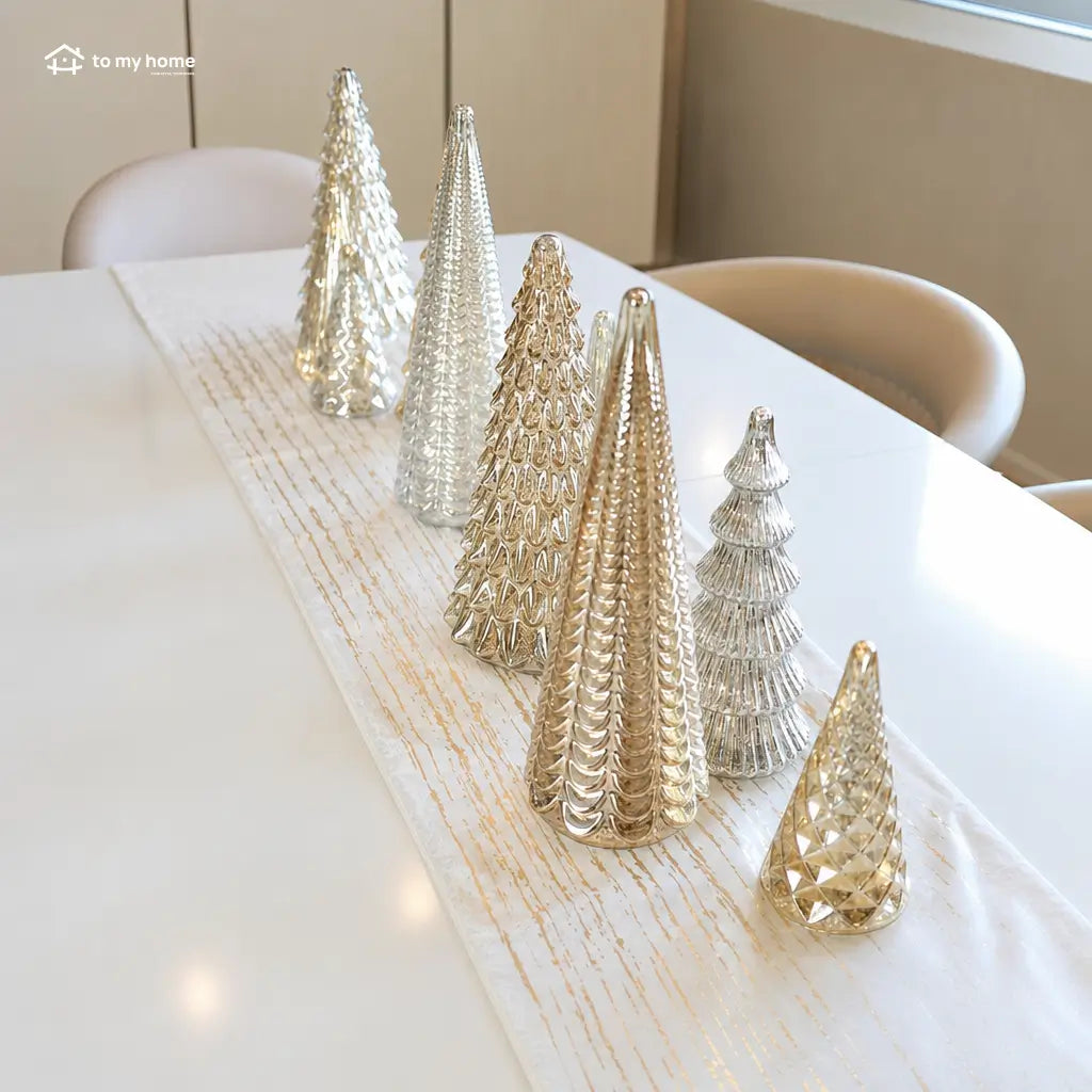 Set de 5 árboles decorativos iluminados de vidrio mercurizado con temporizador para centro de mesa navideño y repisas en tu hogar