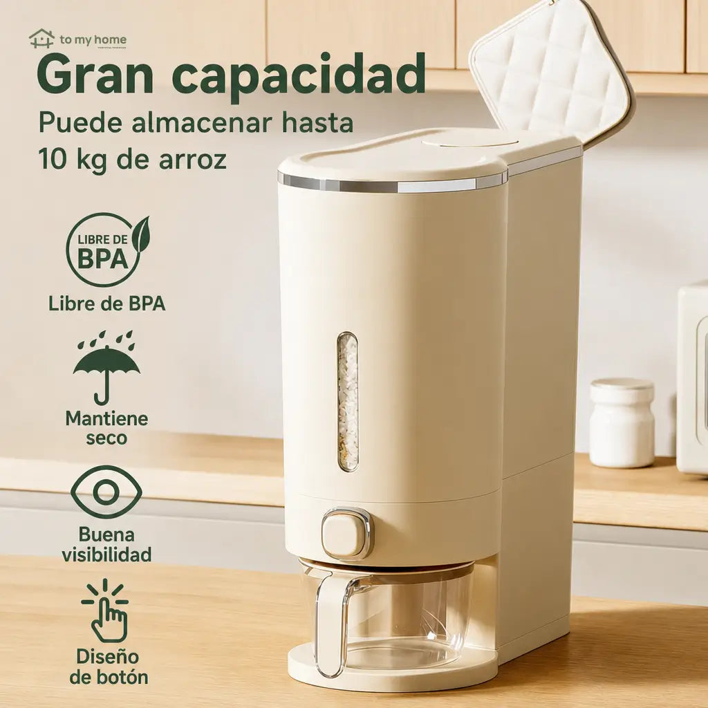 Dispensador hermético de arroz con taza medidora y protección contra insectos para cocina y despensa familiar ordenada de uso diario en casa