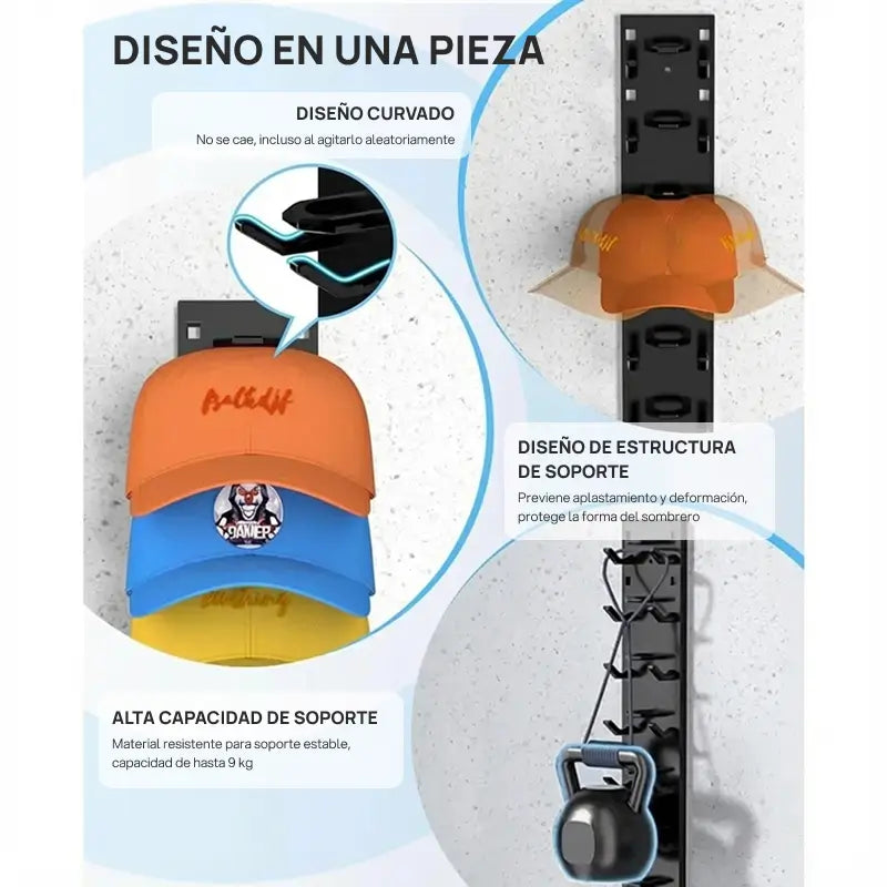 Kit 2 organizadores de gorras de pared con soporte adhesivo, para puerta o closet, exhibición y almacenamiento de hasta 18 gorras de forma práctica