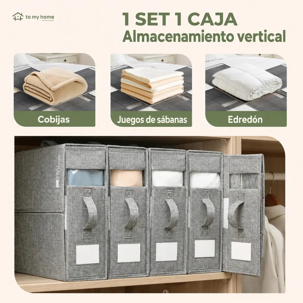 Set de 4 organizadores para sábanas con ventana transparente, cajas plegables para clóset de blancos king y queen con asa reforzada
