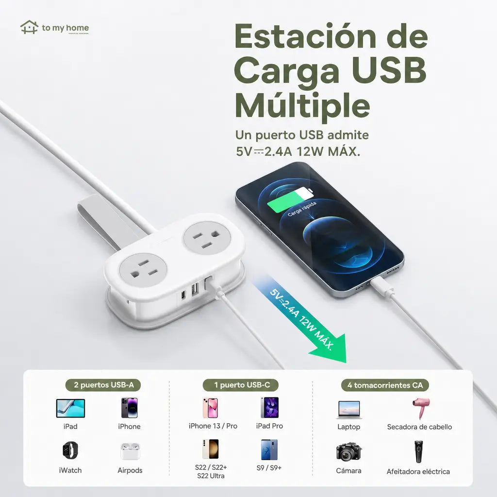 Multicontacto de viaje compacto con 4 tomas AC, USB-A y USB-C, cable de 1.25 m para hotel, crucero y escritorio ordenado