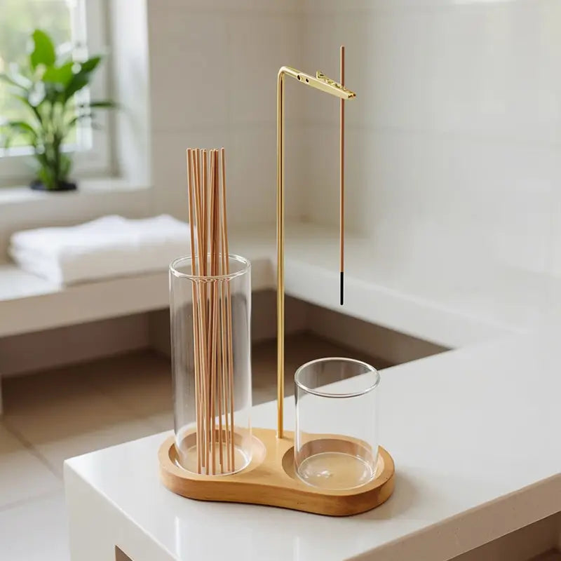 Porta incienso y vela 2 en 1 con base de madera, colector de cenizas en vidrio y difusor aromático decorativo, elegante y funcional para hogar