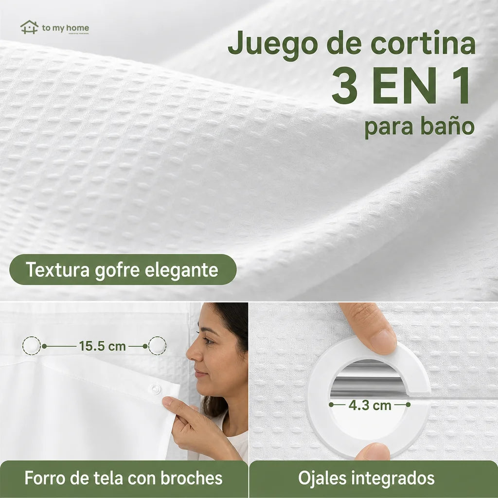 Cortina de baño doble capa impermeable con forro ajustable a presión, diseño waffle moderno para renovar tu regadera sin complicarte la instalación diaria