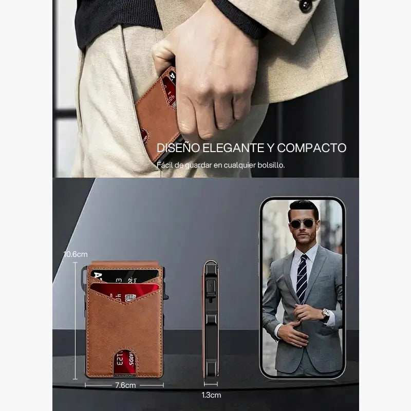 Cartera masculina slim minimalista de aluminio con bloqueo RFID, visor, clip para billetes, sistema pop-up y diseño compacto, segura, elegante y práctica para uso diario