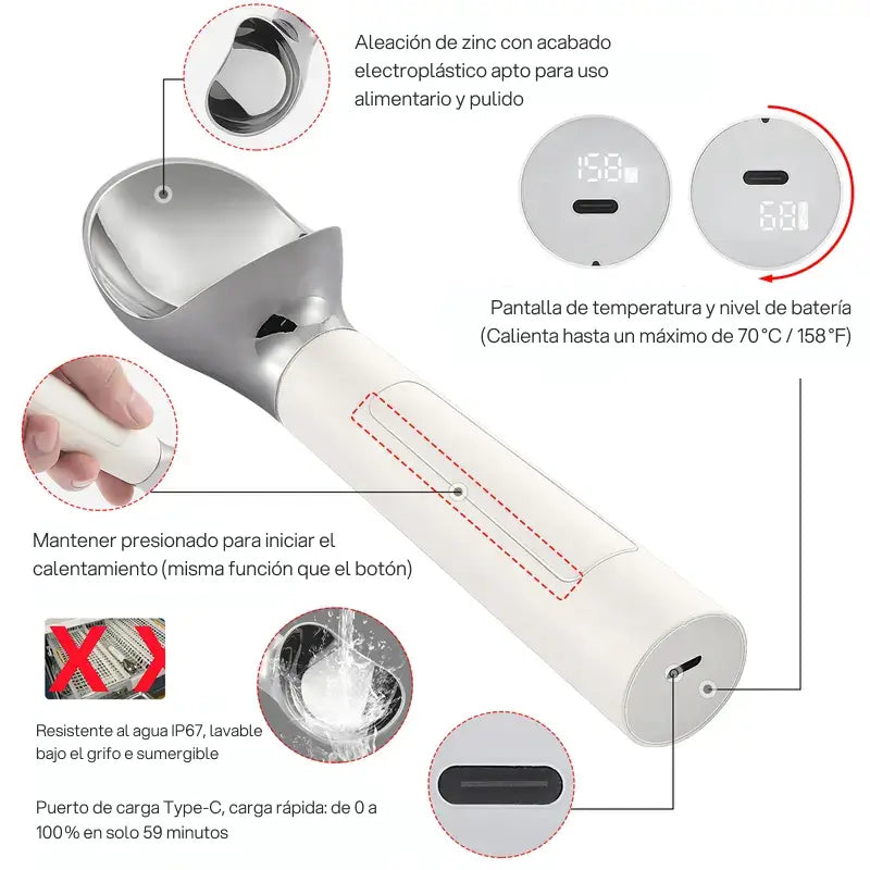 Cuchara eléctrica calentadora para helado, recargable en acero inoxidable, display LED, calentamiento rápido, uso seguro, perfecta para servir postres, helados y cremas