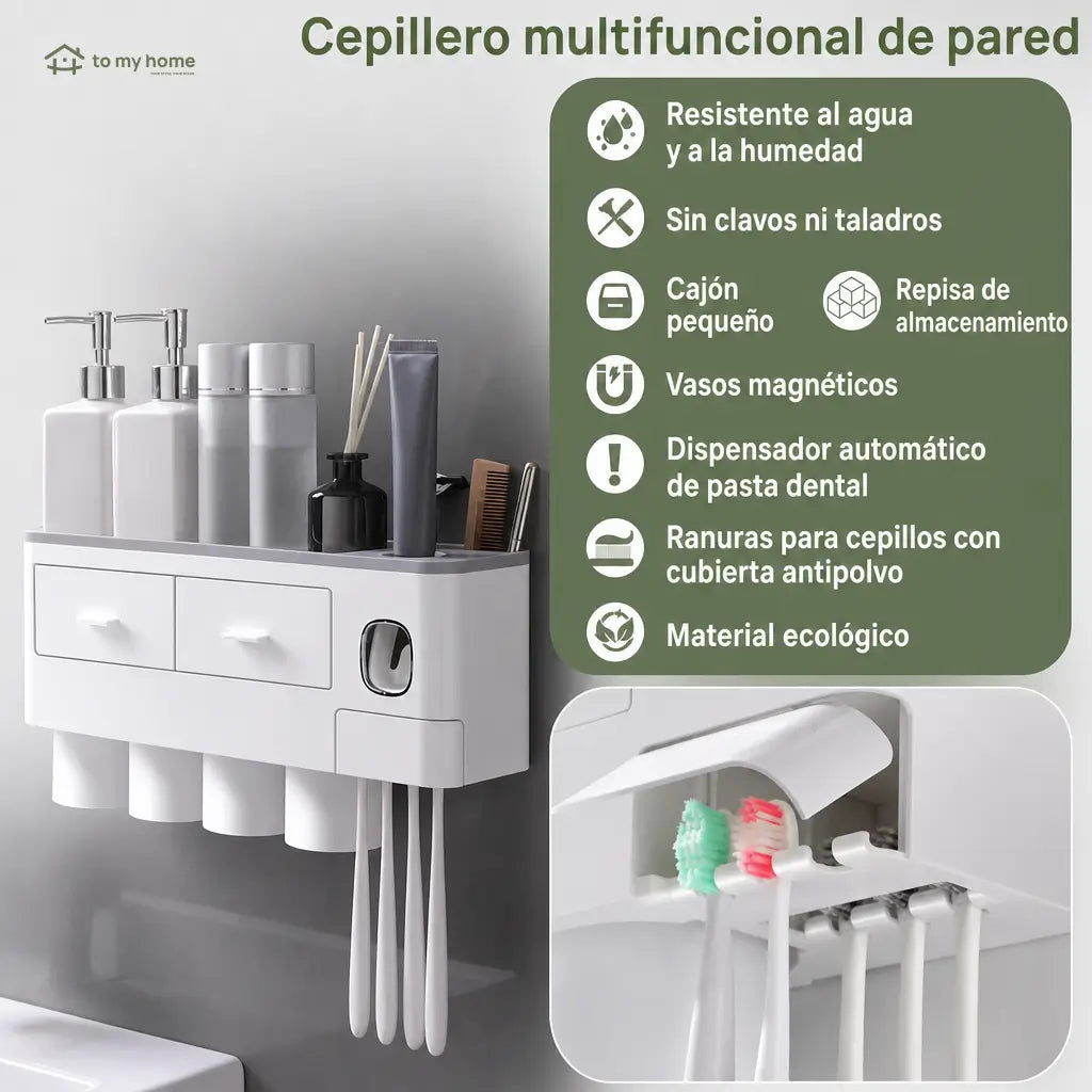 Soporte organizador para baño con dispensador automático doble, vasos invertidos y bandeja amplia para ahorrar espacio junto al lavabo cada mañana