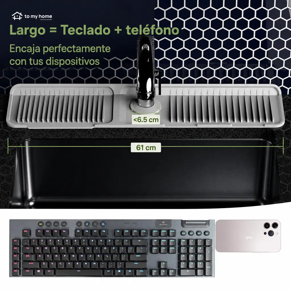Tapete de silicón para grifo con drenado automático y seguro de botón para mantener seca tu tarja de cocina sin salpicaduras
