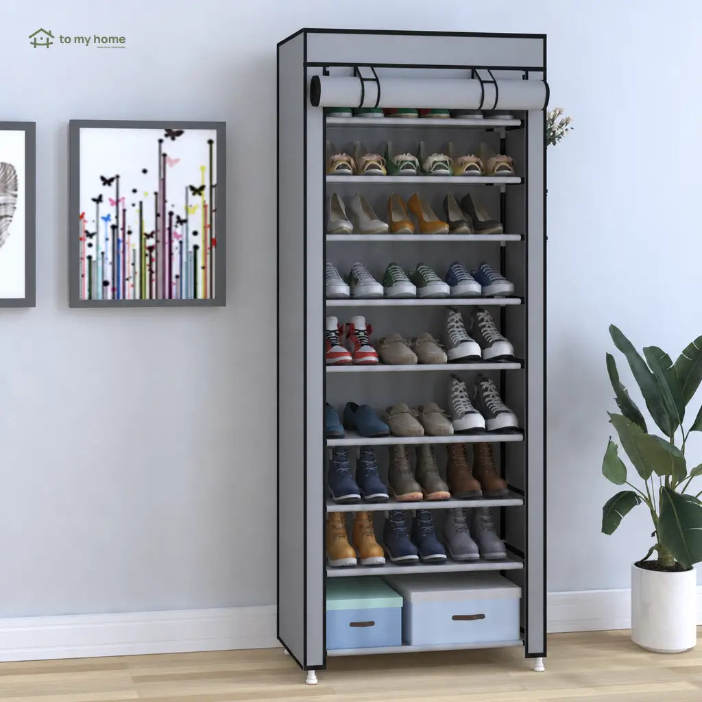 Zapatera vertical de 10 niveles con cubierta antipolvo, ajustable y compacta para organizar hasta 27 pares en casa sin ocupar mucho espacio
