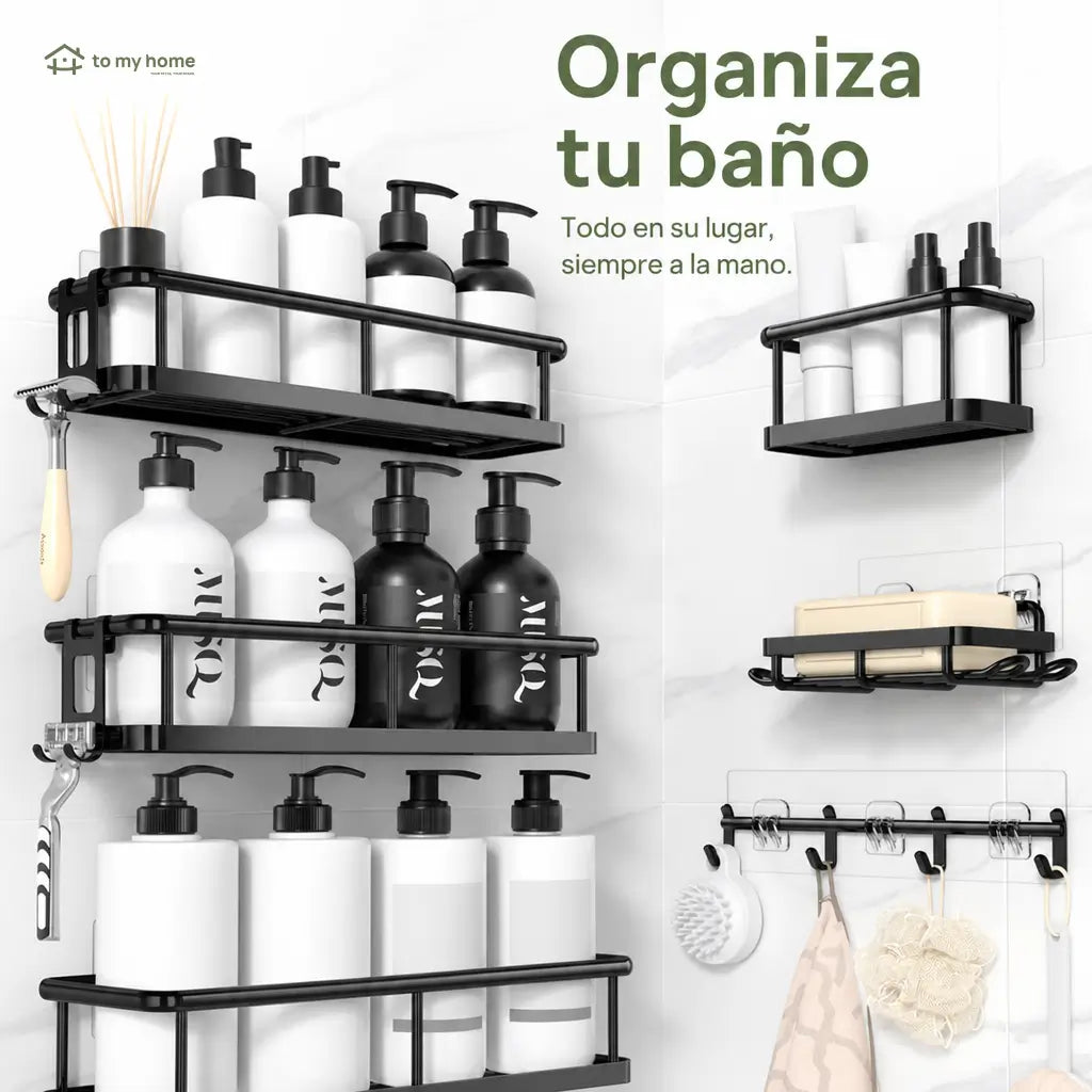 Organizador de regadera sin taladro set de 5 piezas, repisas negras antioxidantes con ganchos removibles para baño y cocina más ordenados