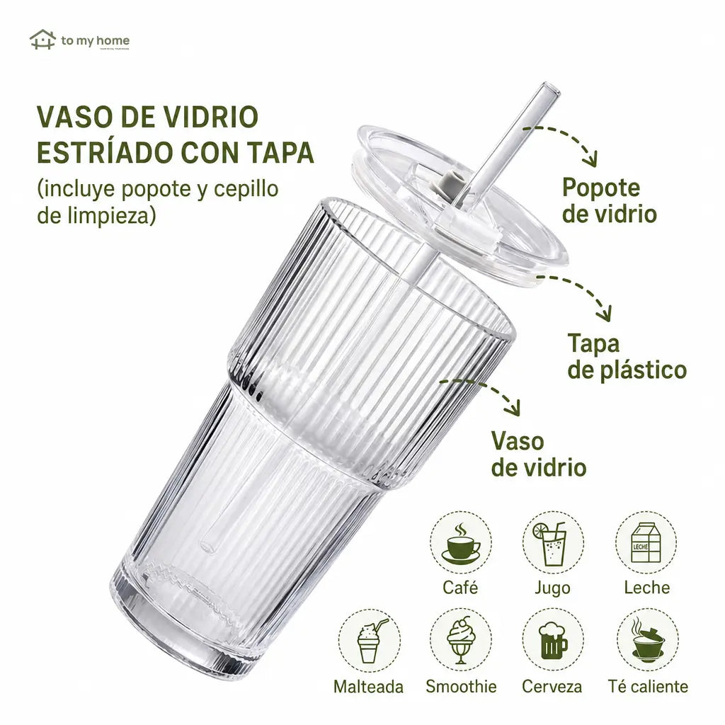 Set de 4 vasos de vidrio acanalado con tapa y popote reutilizable para café frío, smoothies y bebidas diarias sin derrames