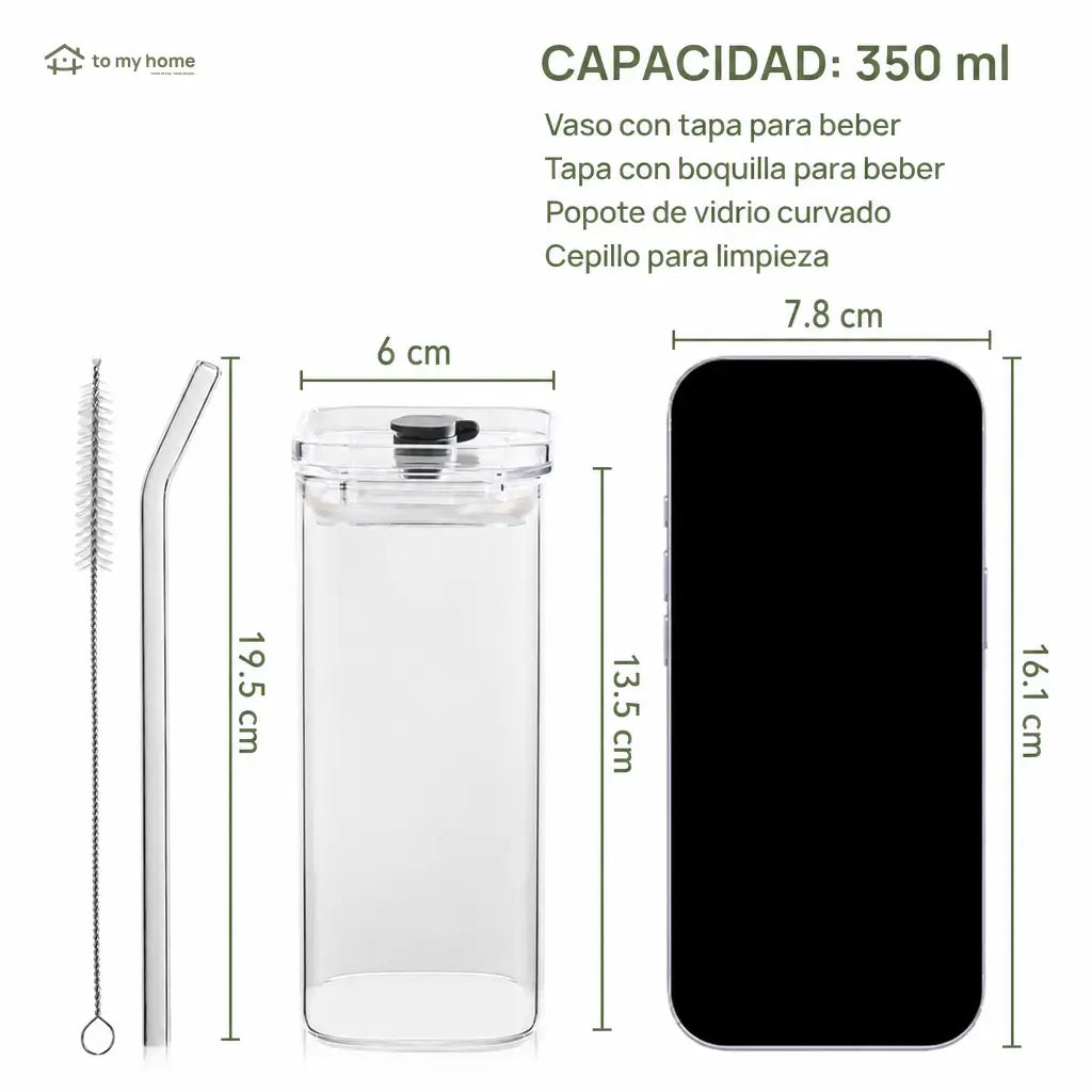 Set de 4 vasos de vidrio cuadrados con tapa y popote, 350 ml, para café frío, jugos y cocteles en casa u oficina