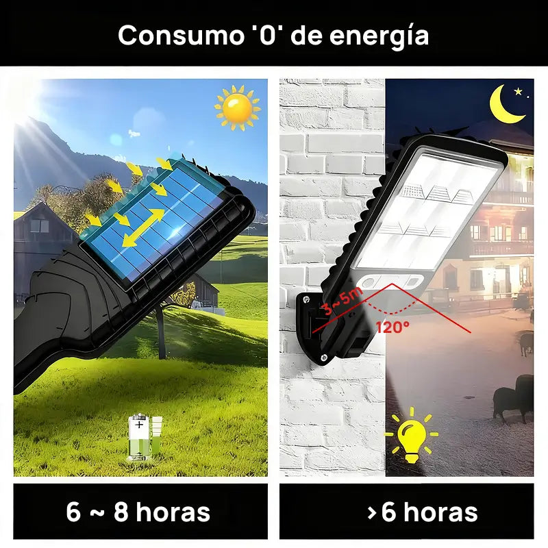 Juego de 4 luces solares LED para exteriores con 120 focos, control remoto, sensor de movimiento y tres modos de iluminación eficiente