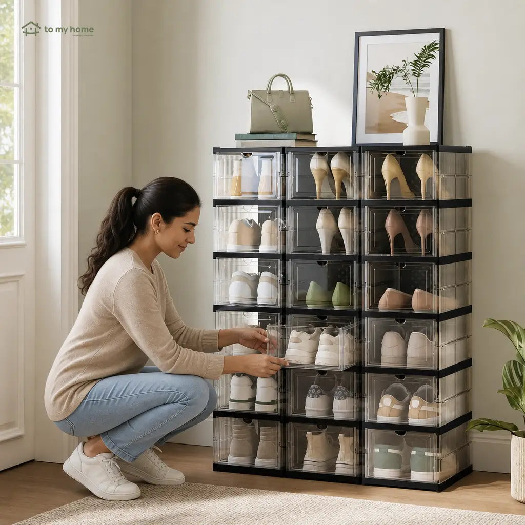 Zapatero plegable transparente con 6 cajas apilables para organizar tenis y zapatos hasta talla US 13 en clóset o entrada de casa