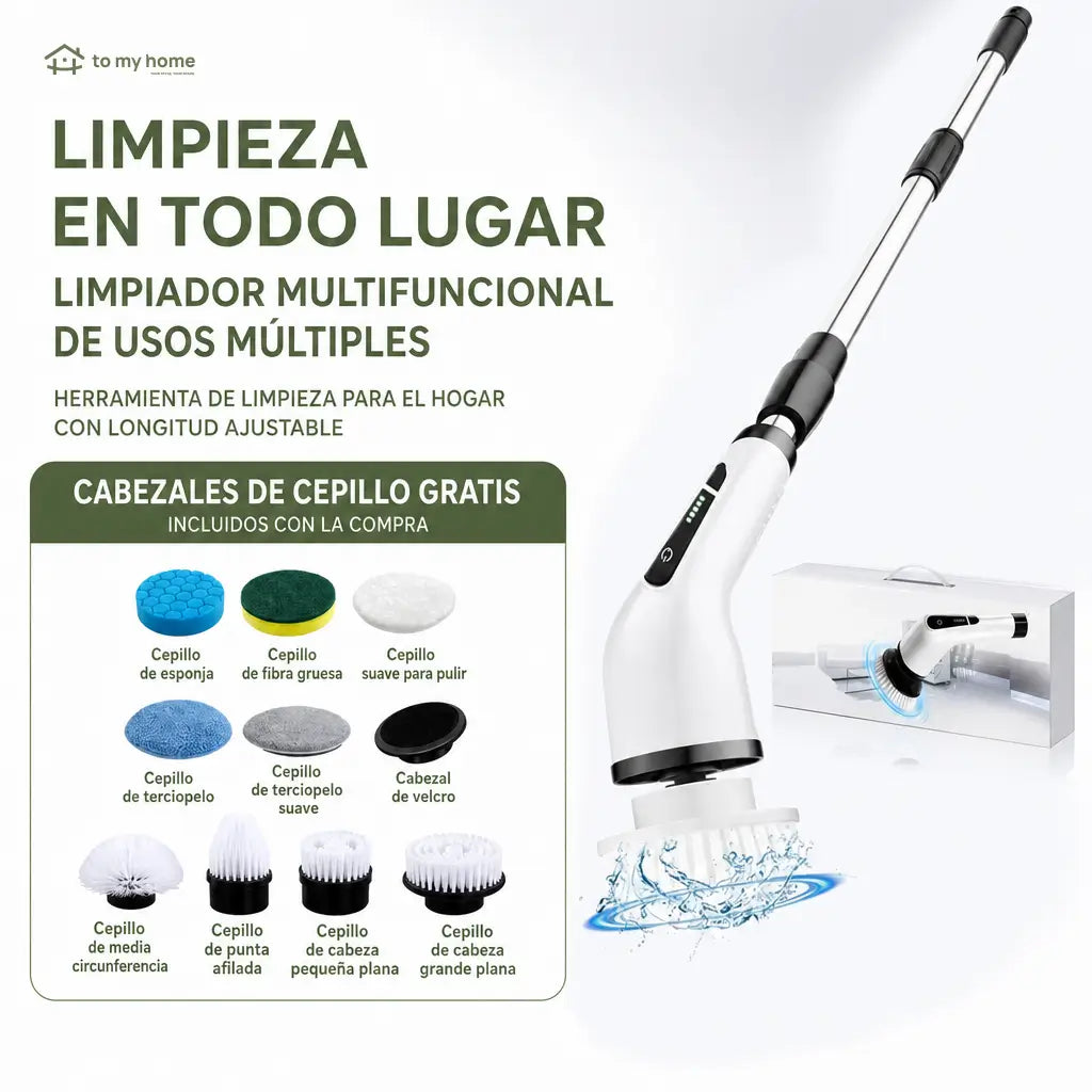 Cepillo eléctrico giratorio inalámbrico IPX7 con 9 cabezales y mango extensible para limpieza profunda de baño, cocina, azulejos y auto