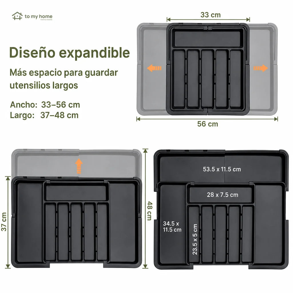 Organizador de cubiertos expandible con 9 compartimentos y base antideslizante para cajón