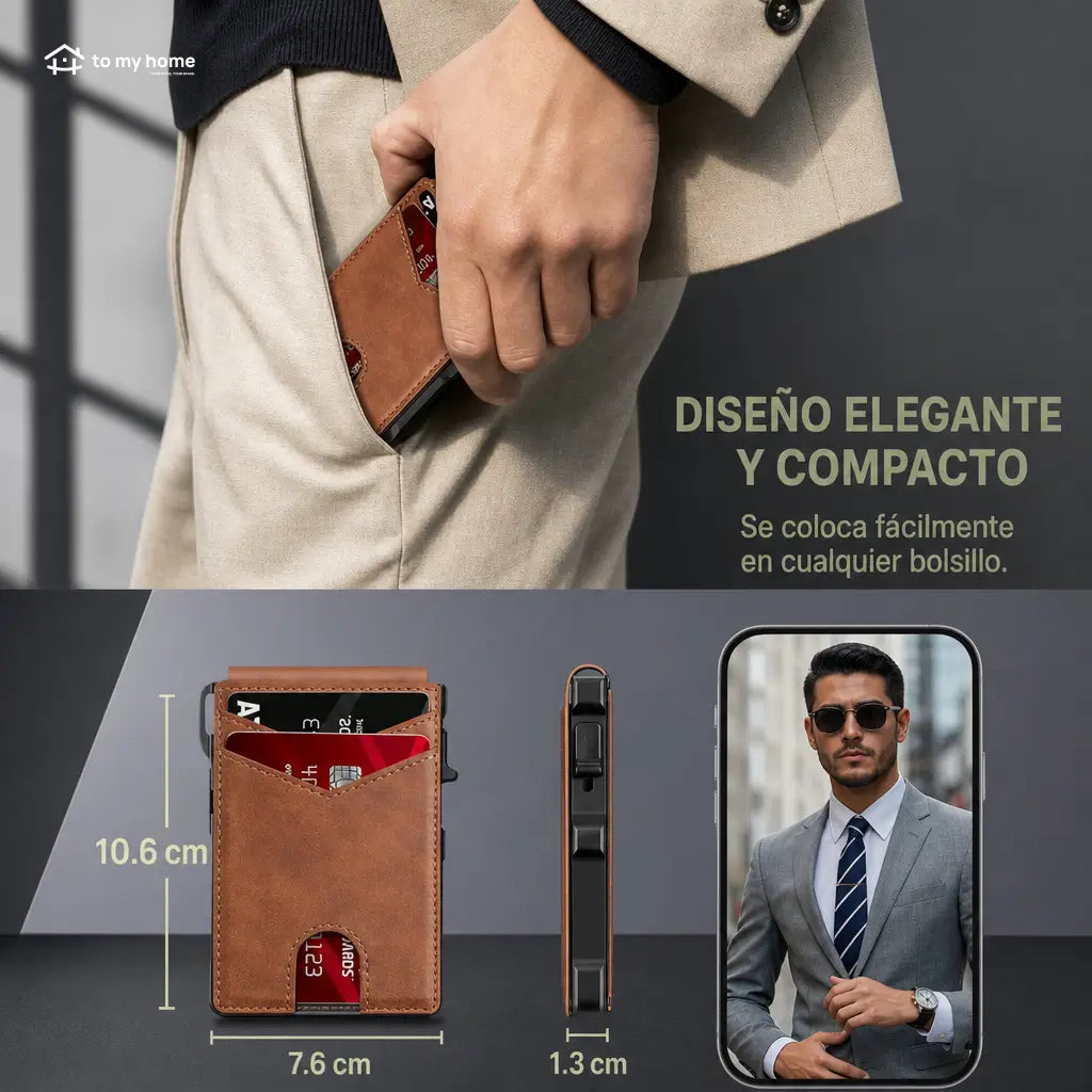 Cartera minimalista para hombre con bloqueo RFID, expulsión pop-up y clip para billetes, ideal para uso diario