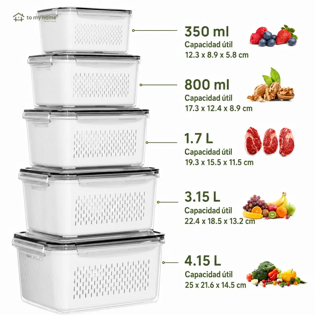 Set de 5 contenedores herméticos apilables con colador removible para frutas, verduras y comida fresca en refrigerador