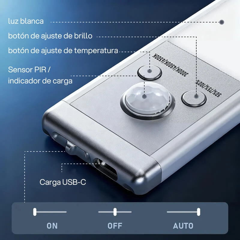 Luz de armario con sensor de movimiento, recargable por USB, magnética, regulable, ideal para cocina, closet y garaje con iluminación automática