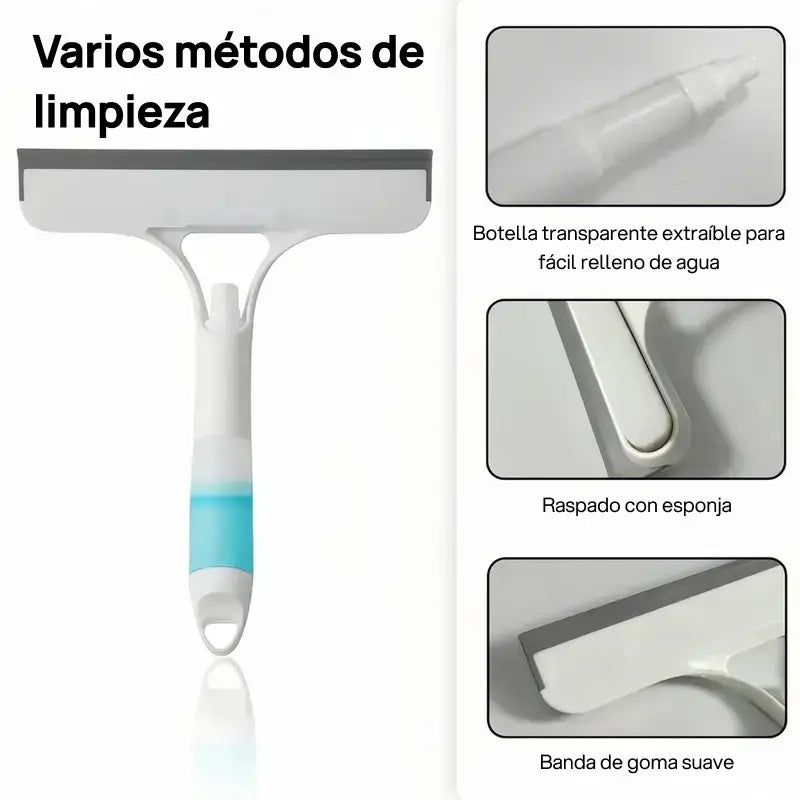 Raspador de ventanas 3 en 1, multifuncional con jalador, esponja y spray integrado para limpieza eficiente de hogar y parabrisas de auto