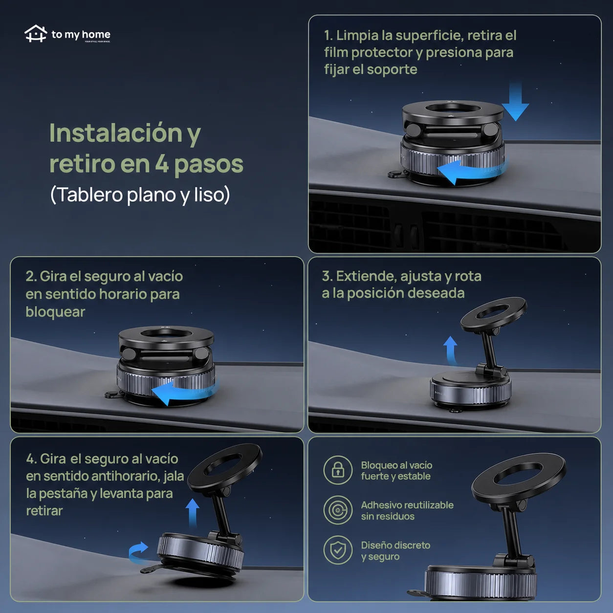Soporte Magnético Universal Celular Ventosa Vacío Fuerte Plegable Auto Tablero Gimnasio Espejo Baño Compatible con Todo Smartphone y Vehículo Moderno Útil