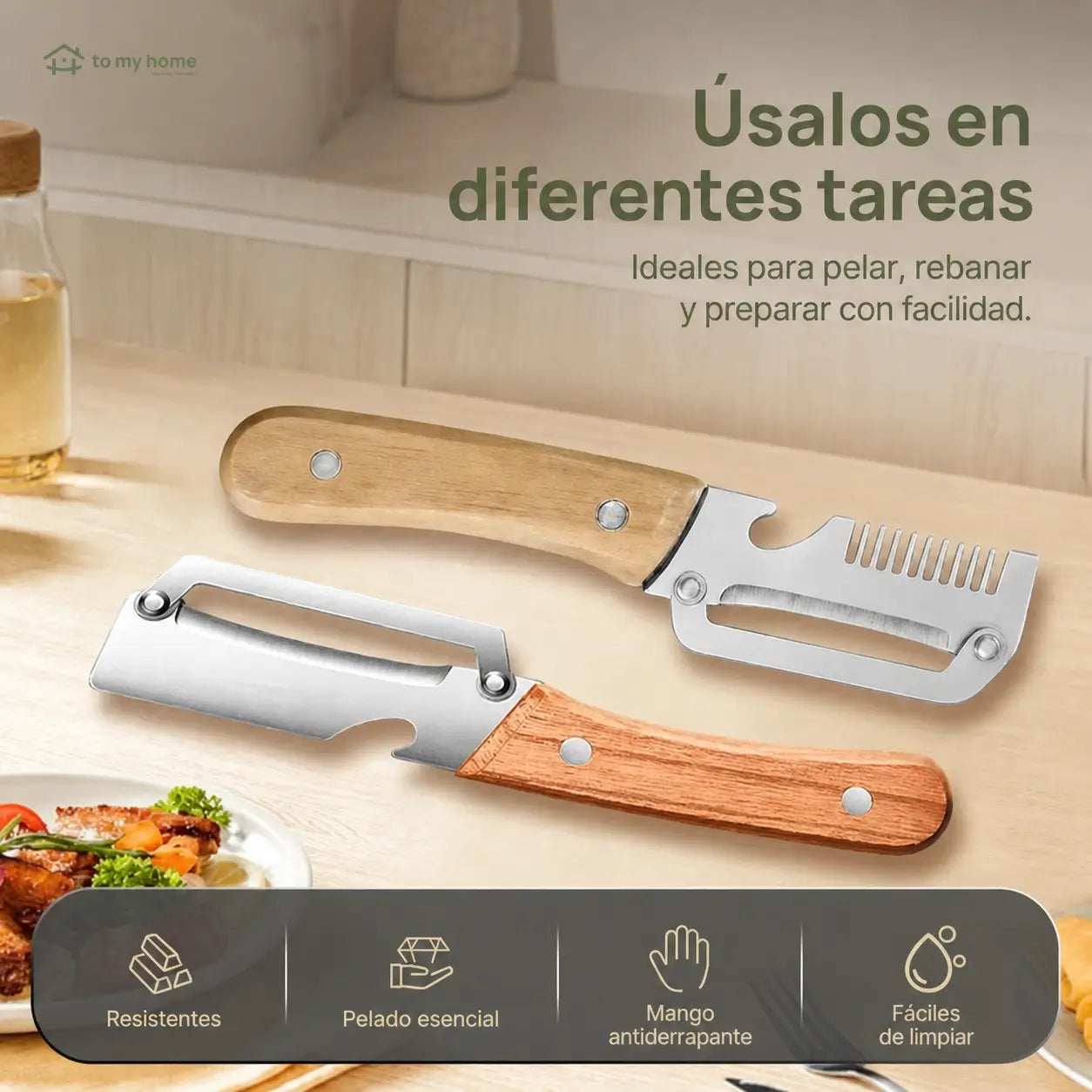 Pelador de Verduras Multifuncional Acero Inoxidable Mango de Madera y Abrebotellas Integrado Ideal para Frutas o Vegetales en Cocina de Casa (Paquete 2 Piezas)