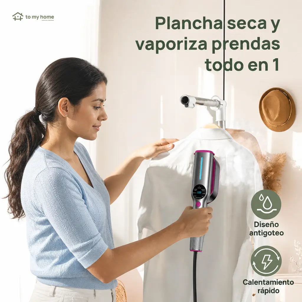 Vaporizador plancha portátil 2 en 1 con 7 modos, calentamiento rápido y mango giratorio para ropa en casa o viaje diario