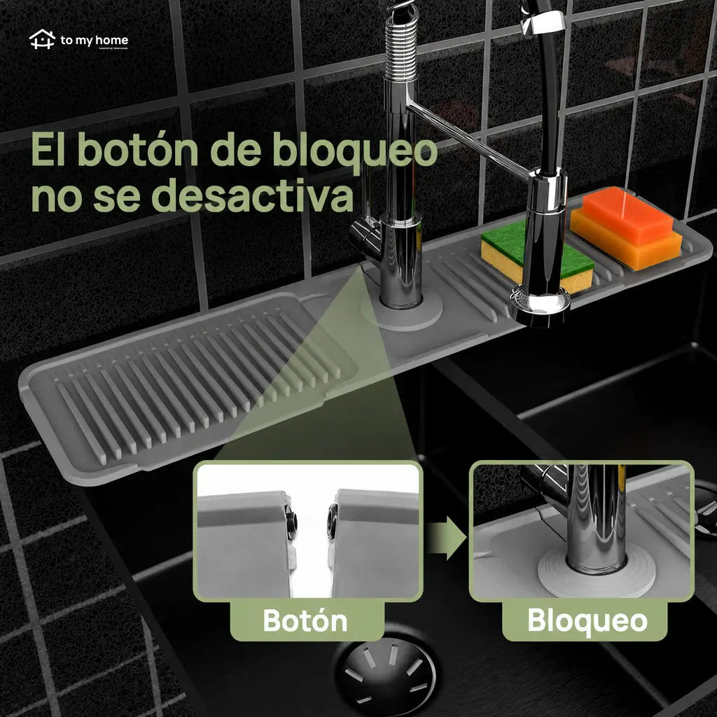 Tapete de silicón para grifo con drenado automático y seguro de botón para mantener seca tu tarja de cocina sin salpicaduras