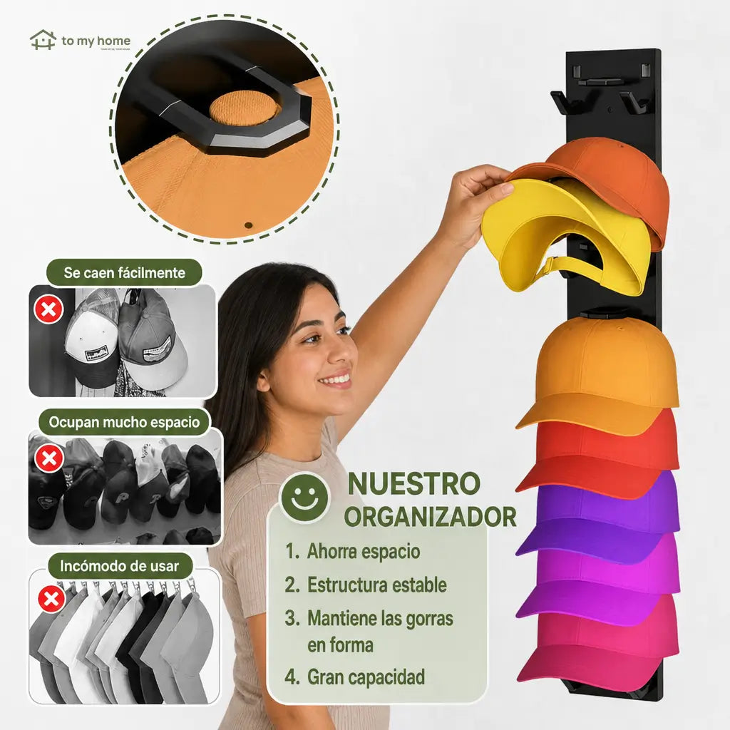 Organizador de gorras para pared, paquete de 2 con 18 espacios, instalación adhesiva o con tornillos para clóset y recámara ordenada