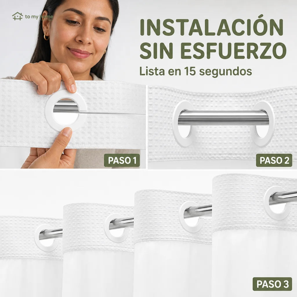Cortina de baño doble capa impermeable con forro ajustable a presión, diseño waffle moderno para renovar tu regadera sin complicarte la instalación diaria