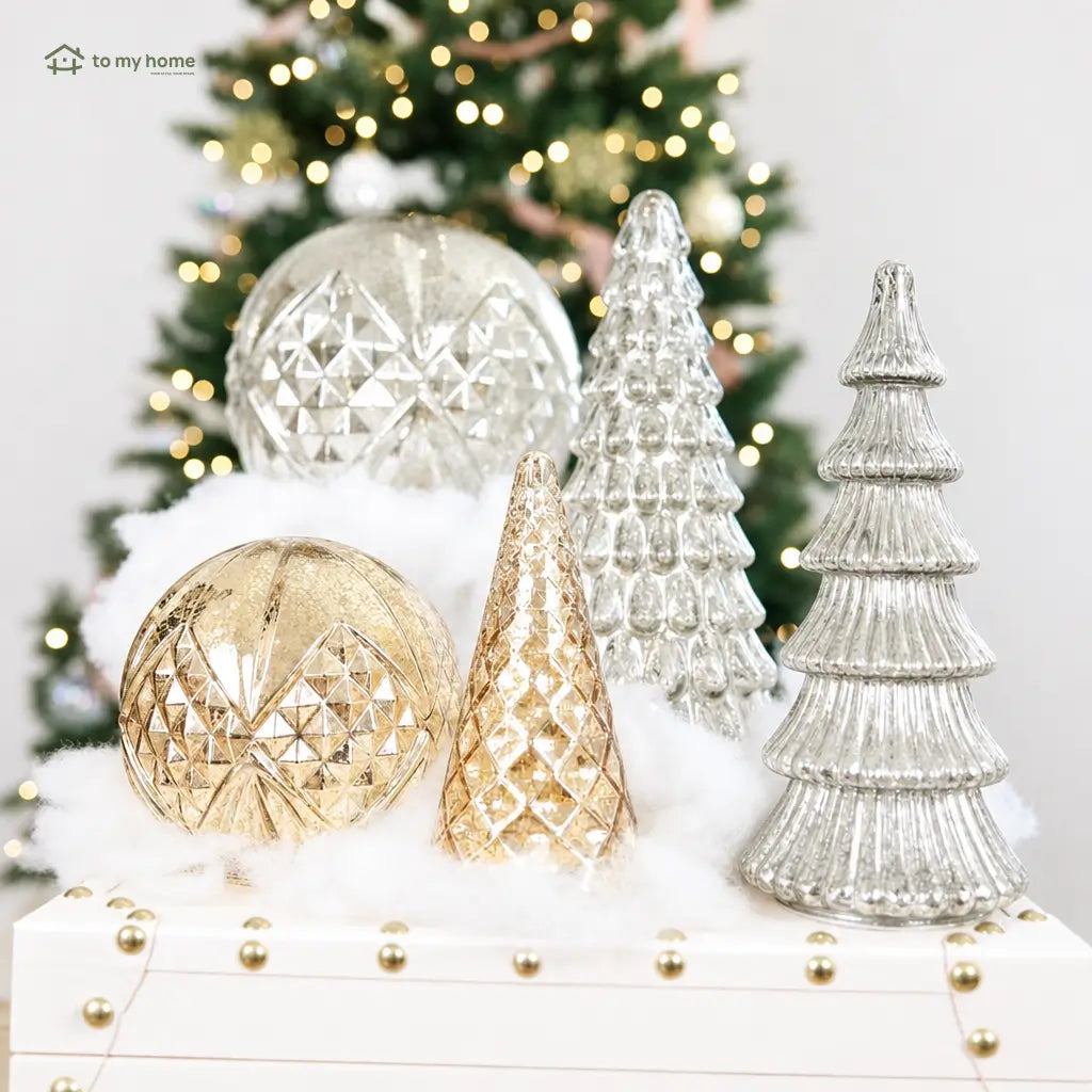 Set de 5 árboles decorativos iluminados de vidrio mercurizado con temporizador para centro de mesa navideño y repisas en tu hogar