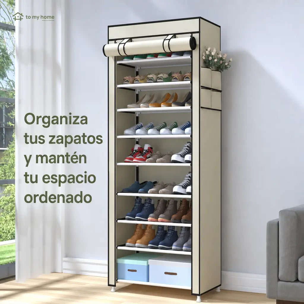 Zapatera vertical de 10 niveles con cubierta antipolvo, ajustable y compacta para organizar hasta 27 pares en casa sin ocupar mucho espacio