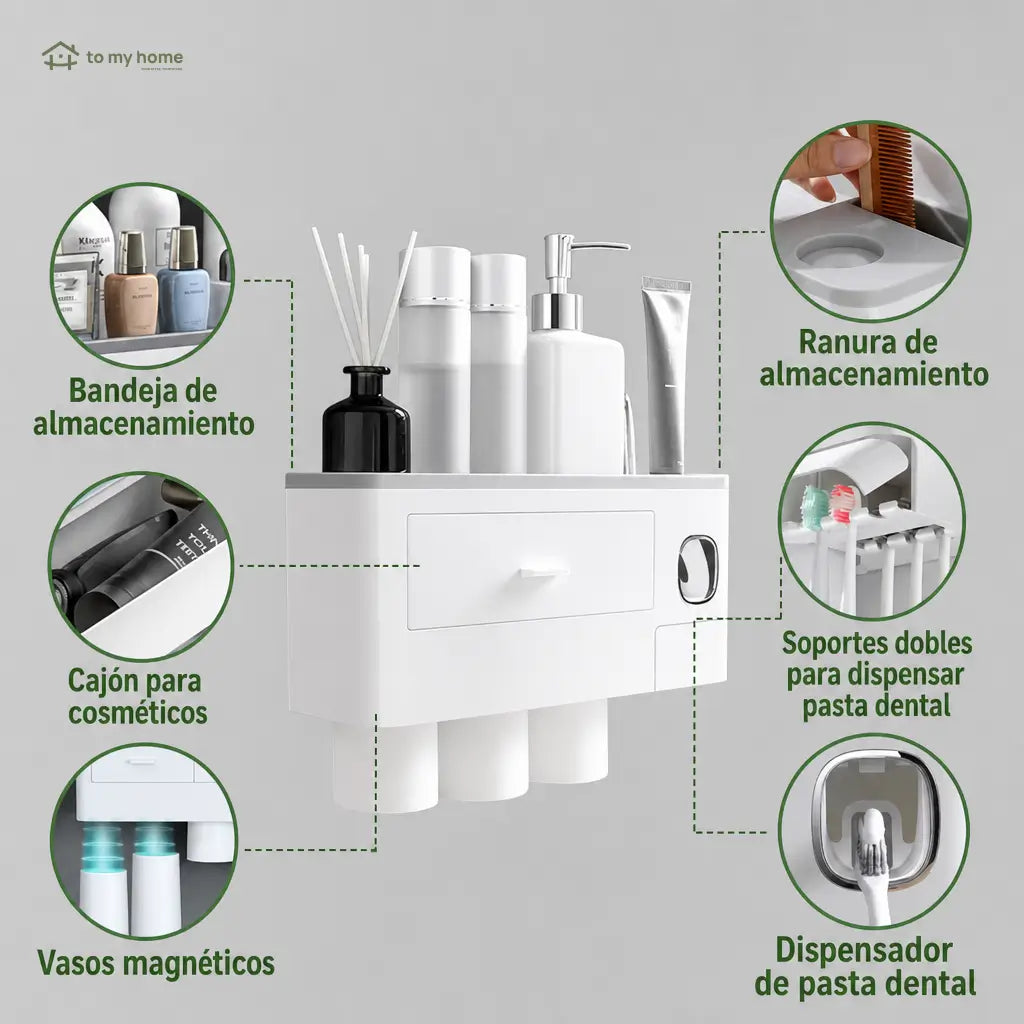 Soporte organizador para baño con dispensador automático doble, vasos invertidos y bandeja amplia para ahorrar espacio junto al lavabo cada mañana