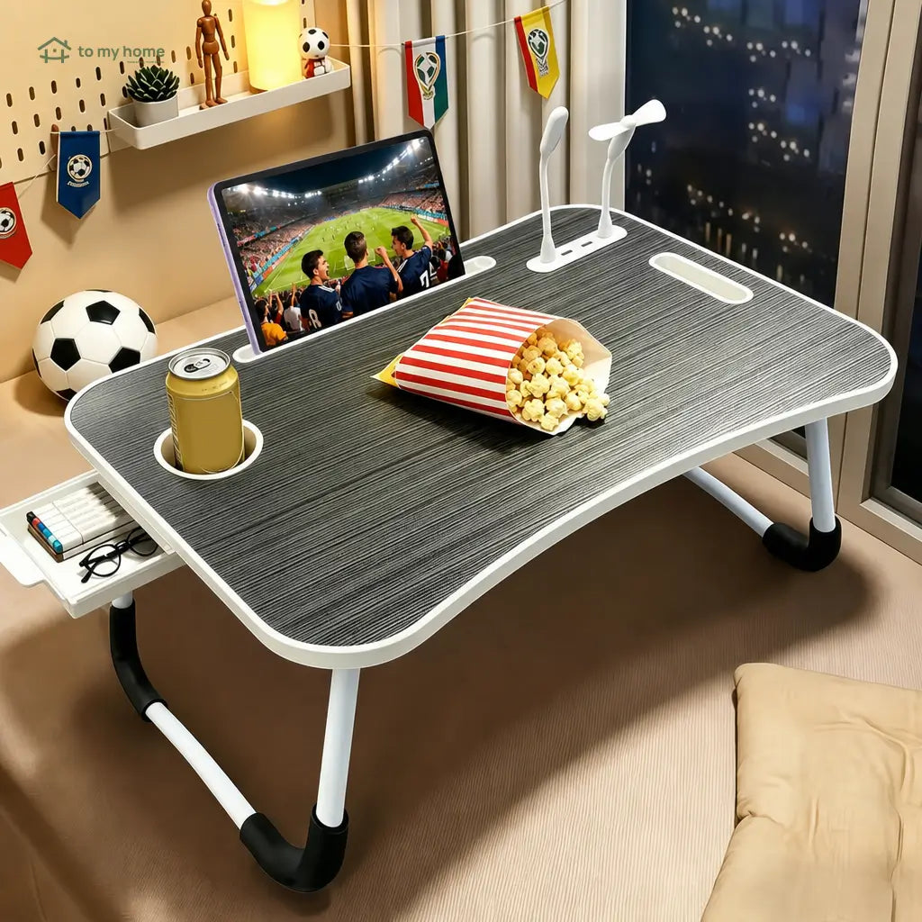 Mesa plegable para laptop con 4 puertos USB, cajón y portavasos para trabajar, leer o estudiar cómodo en cama o sofá