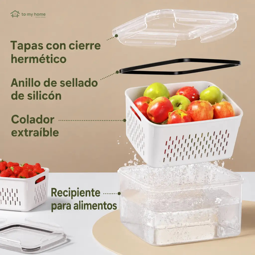 Set de 5 contenedores herméticos apilables con colador removible para frutas, verduras y comida fresca en refrigerador