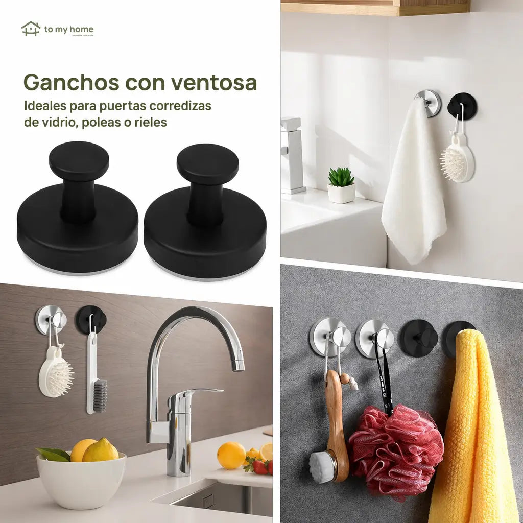 Ganchos de succión negros mate sin taladro, paquete de 2 reutilizable para baño, regadera, cocina, toallas, batas y esponjas en superficies lisas