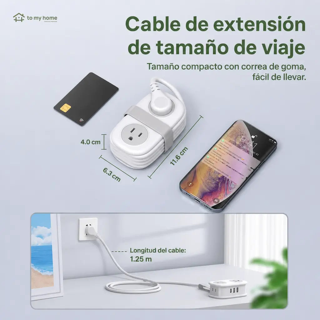 Multicontacto de viaje compacto con 4 tomas AC, USB-A y USB-C, cable de 1.25 m para hotel, crucero y escritorio ordenado