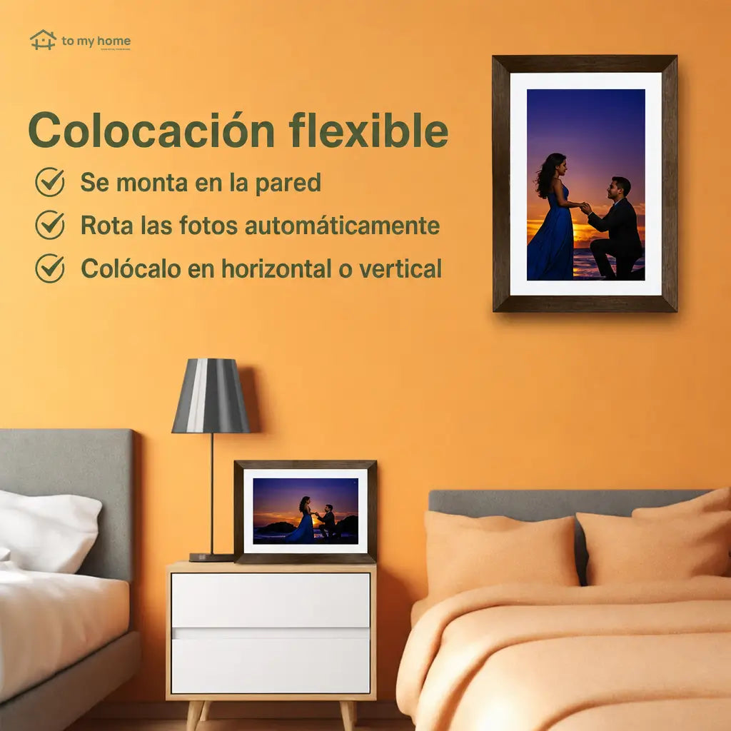 Marco digital para fotos de 10.1" con diseño decorativo de madera, memoria 32GB e instalación sencilla para casa u oficina moderna