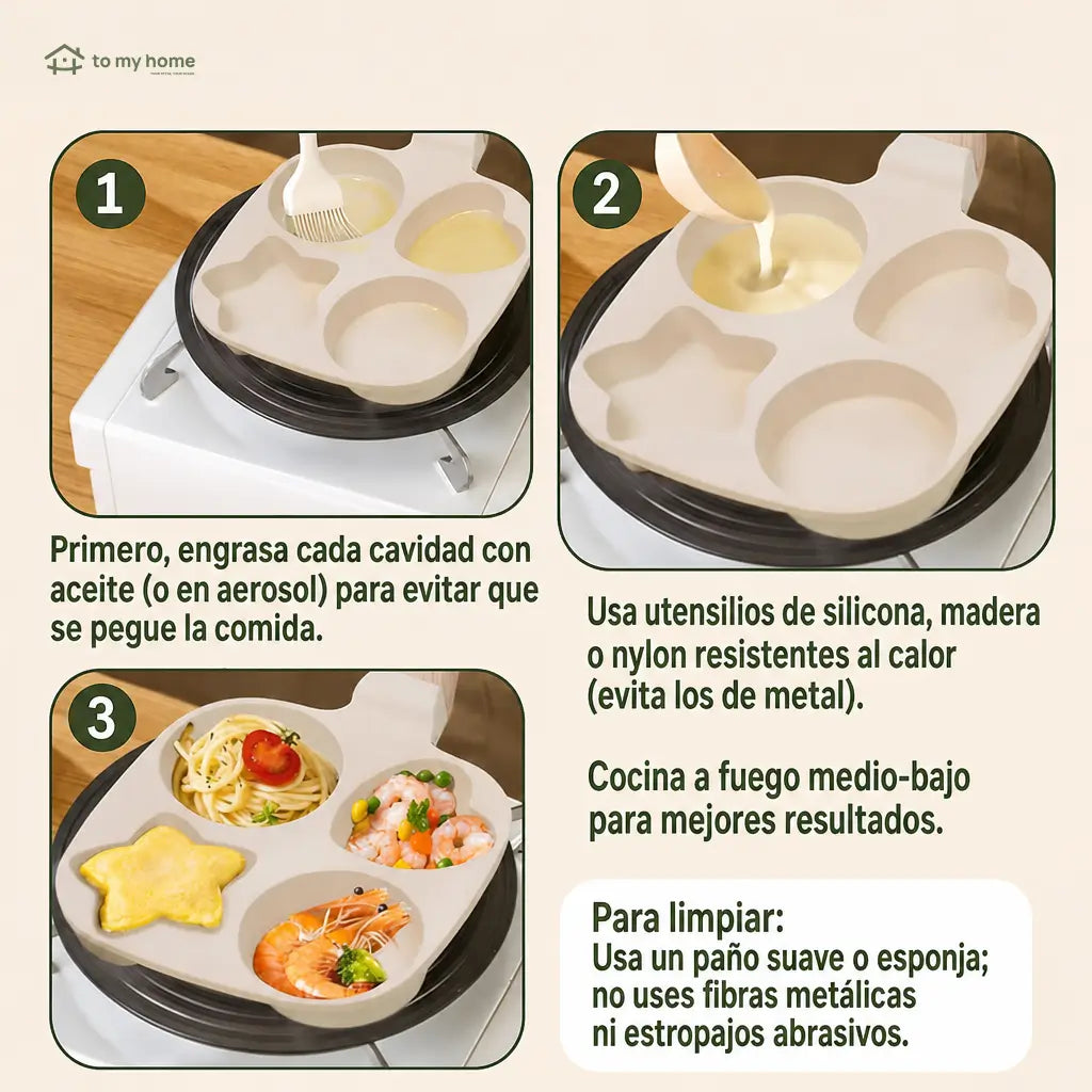 Sartén antiadherente de 4 cavidades con figuras para huevos, hot cakes y desayunos rápidos en casas, depas y cafeterías compactas