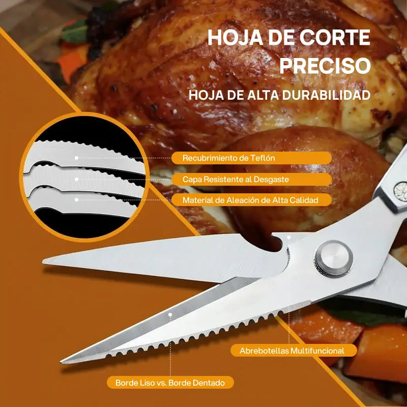 Tijeras de cocina profesionales en acero inoxidable, para carnes, aves, huesos, cortes precisos y uso culinario multifuncional, indispensables en hogar o cocina profesional