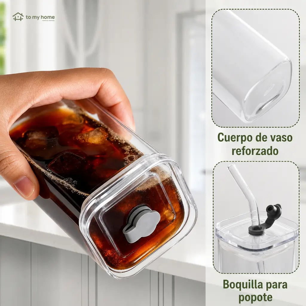 Set de 4 vasos de vidrio cuadrados con tapa y popote, 350 ml, para café frío, jugos y cocteles en casa u oficina