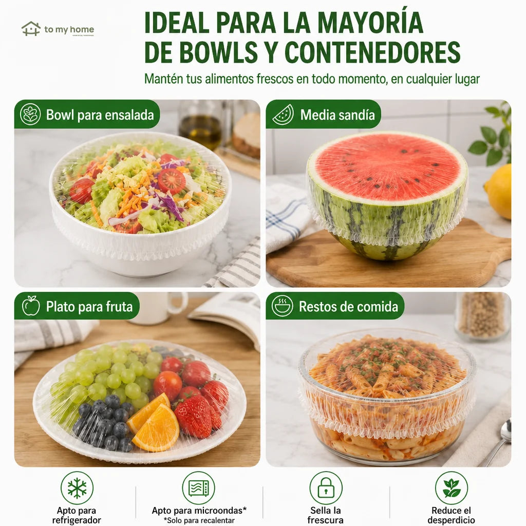 Cubiertas elásticas reutilizables para bowls, platos y recipientes, sin plástico adherente
