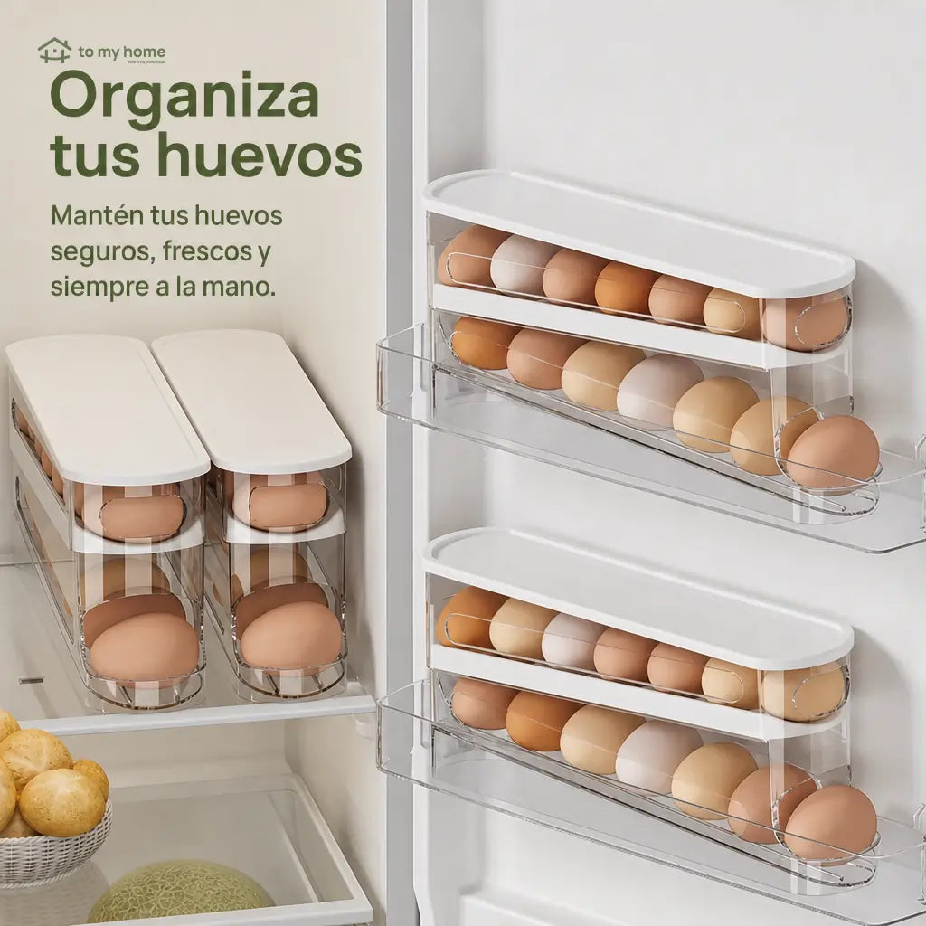 Organizador transparente para huevos apilable con diseño rodante, ahorra espacio y mantiene tu refrigerador más ordenado en la cocina diaria fácilmente