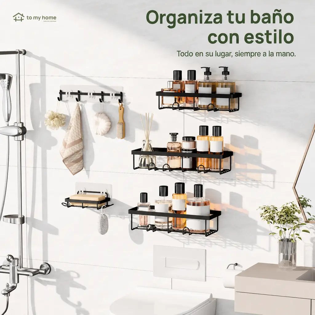 Organizador de regadera sin taladro set de 5 piezas, repisas negras antioxidantes con ganchos removibles para baño y cocina más ordenados