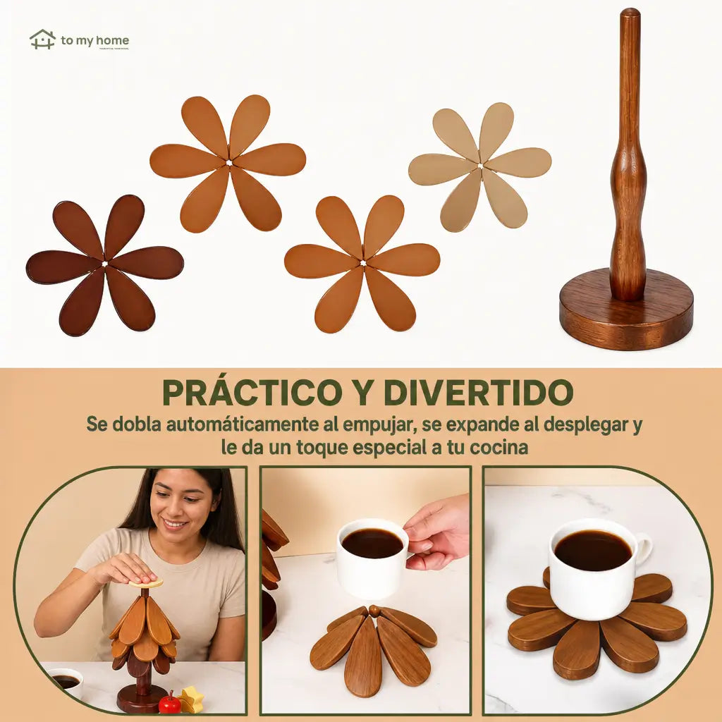 Set de portavasos y salvamanteles de madera resistente al calor con diseño plegable para ollas, platos, tazas y mesa diaria