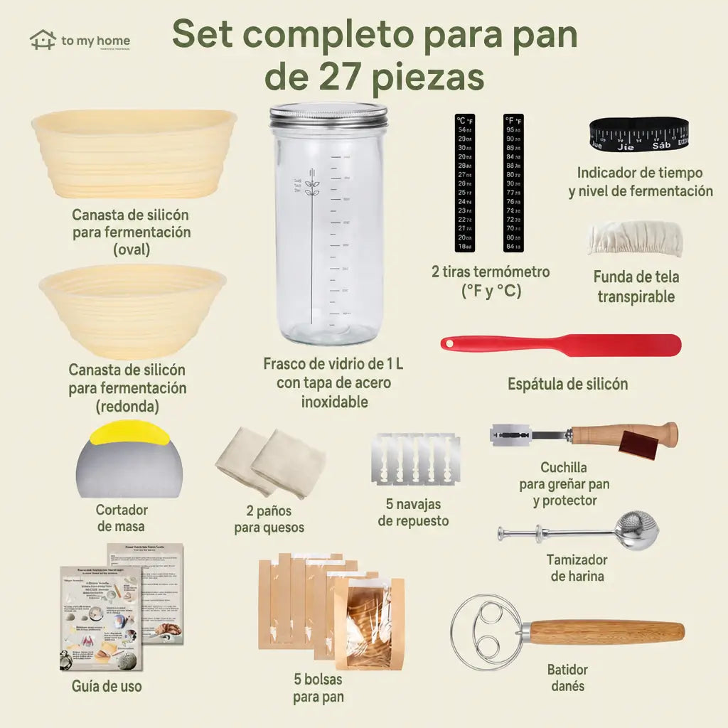 Kit completo para pan de masa madre con frasco de vidrio y canastas de silicón para hornear en casa artesanal