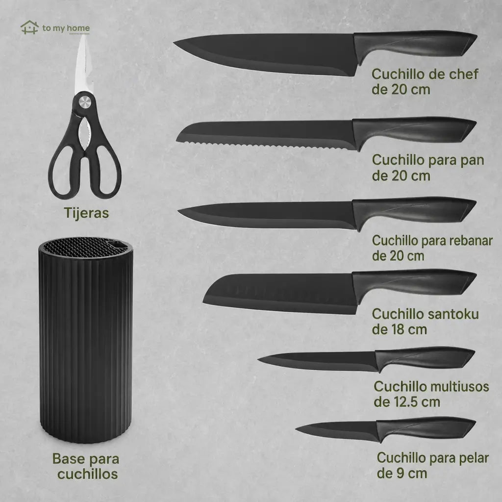 Set completo de cuchillos negros de 8 piezas resistentes al óxido con tijeras y bloque para cocina diaria en tu hogar con cortes precisos