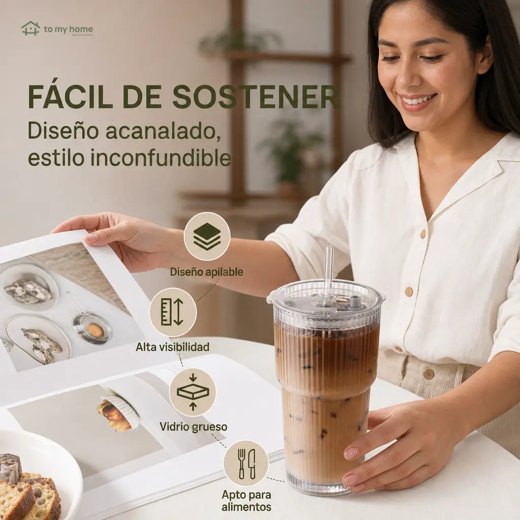 Set de 4 vasos de vidrio acanalado con tapa y popote reutilizable para café frío, smoothies y bebidas diarias sin derrames